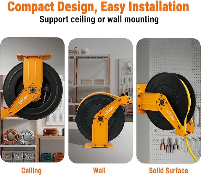 Retractable Air Hose Reel, 1/2" x 50FT EPDM Rubber Air Hose, 300PSI Max, Auto-Rewind & Length-Lock, 1/2" NPT Fitting, Ceiling/Wall Mount Heavy Duty Dual Arm Steel Reel for Workshop/Garage