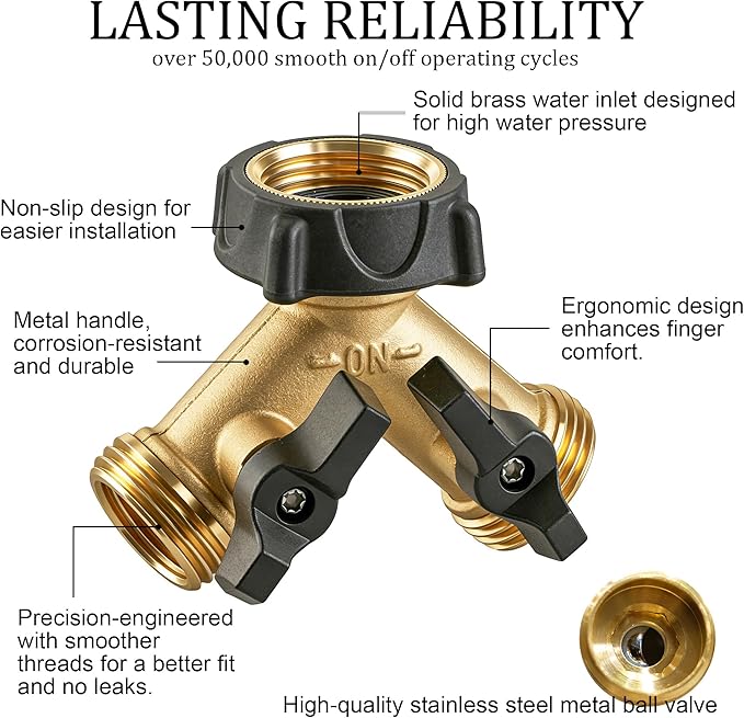Hourleey 2 Pack Brass Garden Hose Splitter 2 Way, 3/4 Inch Hose Connector Tap Splitter, Hose Y Splitter, Hose Spigot Adapter 2 Valves with 4 Extra Rubber Washers