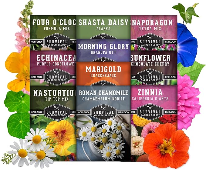 10 Flower Seed Collection for Planting - Zinnia, Sunflower, Marigold, Snapdragon, Nasturtium, Morning Glory, Chamomile, Shasta Daisy, Purple Coneflower, Four O’Clock - Survival Garden Seeds