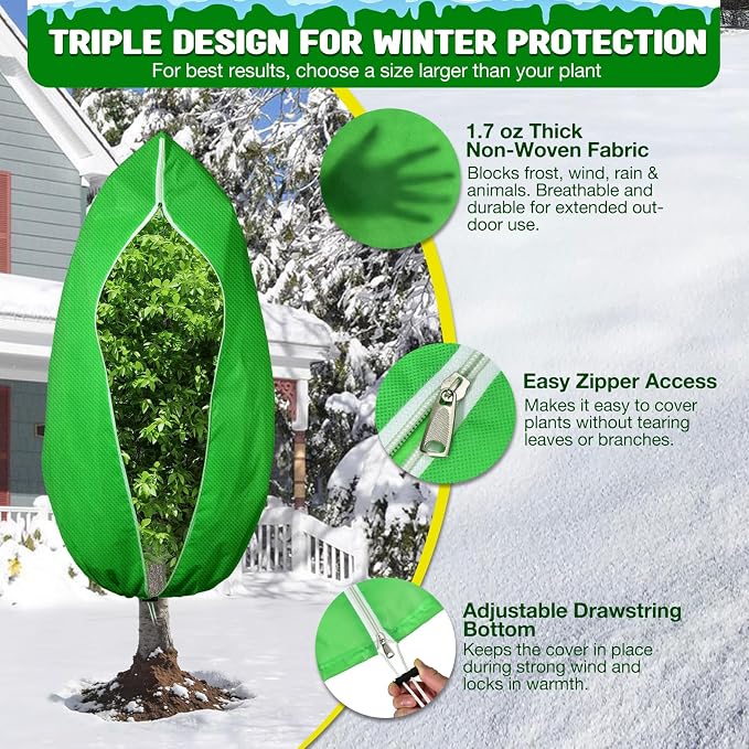 2pcs Reusable Winter Frost Plant Cover Freeze Protection, 47.2"x72" Large Frost Plant Cover for Winter Outdoor Plants,Frost Cloth Plants Jacket Drawstring Tree Cover for Outdoor Plants