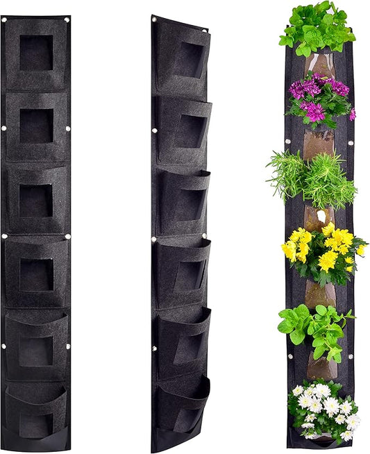 6 Pocket Vertical Grow Bag, Hanging Wall Garden Planter, Indoor Outdoor, Waterproof Reusable Breathable