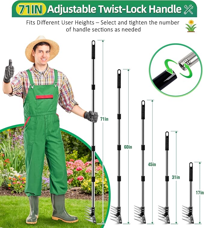 Weed Rake Tool Iron Weed Puller with 71" Adjustable Long Handle, 6 Teeth Garden Weed Remover Tool Heavy Duty Manual Weed Puller with Gloves for Yard, Lawn, Garden