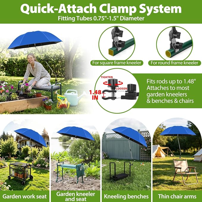 Garden Kneeler Umbrella,42” Large Chair Umbrella with Universal Clamp, 360°Swivel and UPF 50+ Protection,Folding Clip on Umbrellas for Garden Seat Bench Beach Chairs Strollers Golf Carts, NO KNEELER