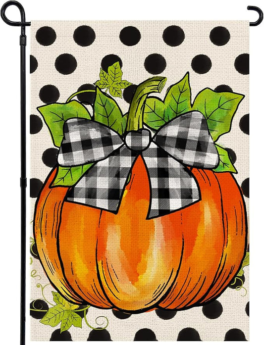 Hello Fall Pumpkin Garden Flag 12x18 Inch, Double Sided Autumn Thanksgiving Holiday Burlap Yard Flag for Outdoor Decoration