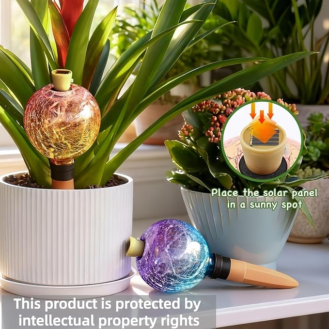 SAVENNA Crackle Glass Plant Watering Globe with Terracotta Spike,Self-Watering Irrigation for Potted Plants, with Solar Accent Light for Indoor & Outdoor Décor, 17oz, Yellow–Pink Gradient