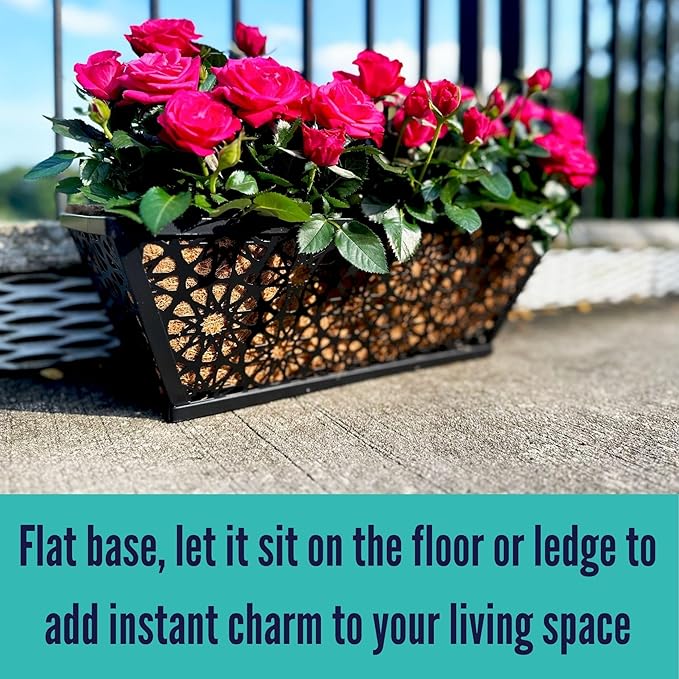 LaLaGreen Window Planter Boxes for Outdoor Plants (16 Inch, 4 Pack) Black Metal Wall Hanging Planters Deck Railing Flower Box with Coco Liners, Unique Horse Troughs Balcony Pots Patio Porch Over Rail