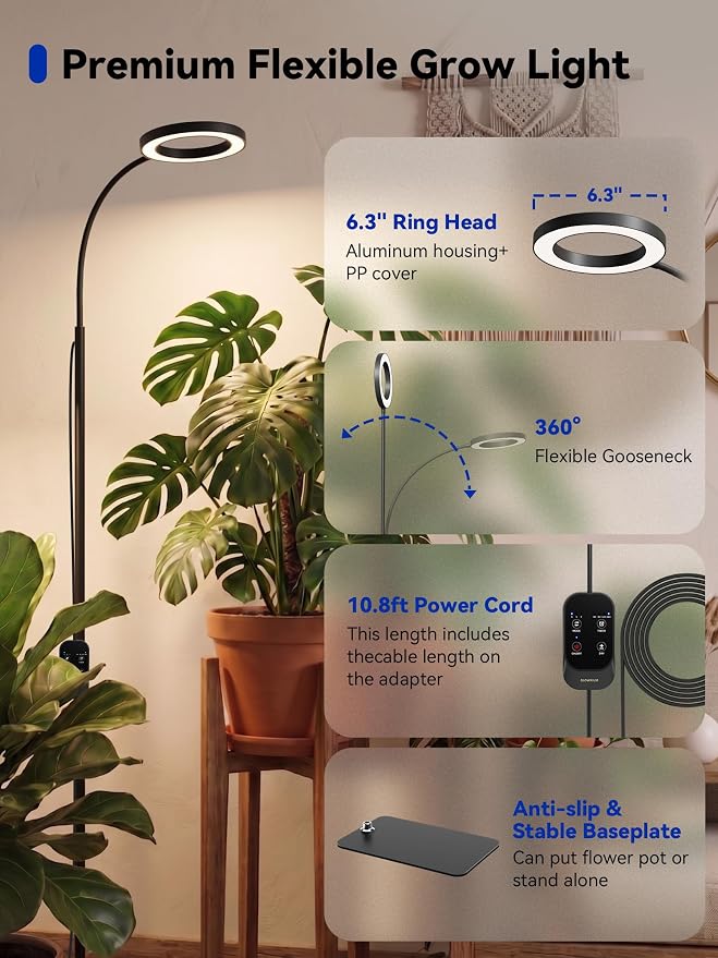 GLOWRIUM Grow Lights for Indoor Plants,20W Full Spectrum LED Plant Light with Stand,Adjustable Height,3/9/12H Timer,6 Dimmable Levels & 3 Lighting Modes (Black-Single Head)