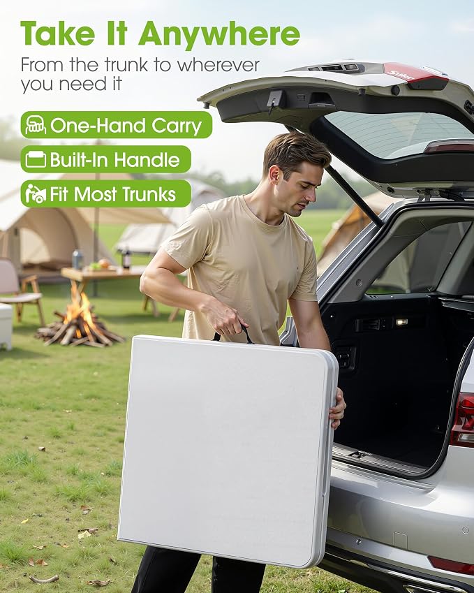 Pureegg 4FT Folding Table - No Assembly Required, Versatile Dining Table with Carrying Handle & Tabletop Safety Lock, Portable Foldable Table for Party, Craft, Camping, Picnic, White