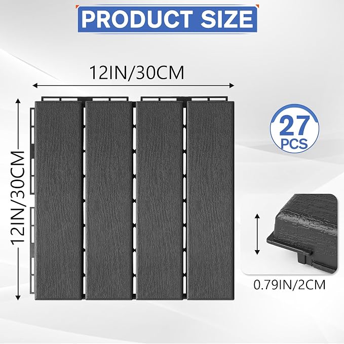 MYFAMIREA 27 Pcs Plastic Interlocking Deck Tiles 12" x 12" Patio Floor Decking Tiles Indoor Outdoor Waterproof Non-Slip Flooring Tile All Weather Use for Balcony Backyard Porch Poolside, Dark Grey