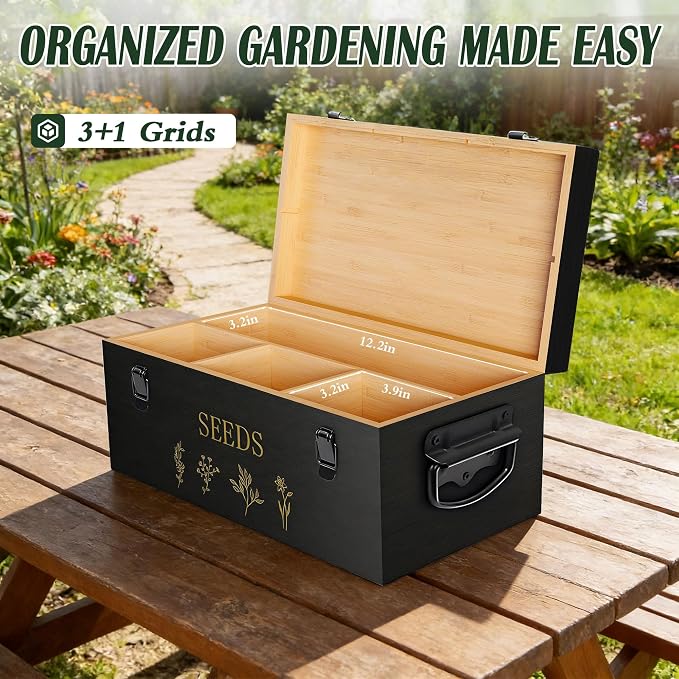 Bamboo Seed Storage Organizer, Large Garden Seed Organizer with Lid & Safety Lock & Handles, Seed Box Includes Seed Envelopes and Labels etc, Great Gifts Gardening Kit (Black)