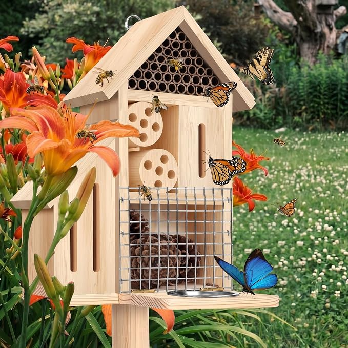 Hoteam Wooden Insect Hotel Bee Ladybugs Butterfly House Large Natural Mason Bee Lady Bug Hotel with Stake and Feeder for Garden Yard Backyard Attract Butterflies Pollinators Beneficial Insect(Natural)
