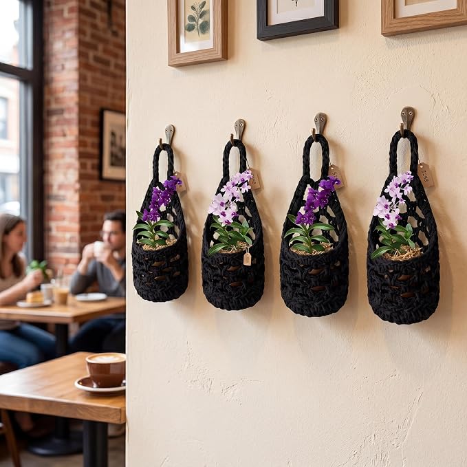 6 Pk Wall Planters for Indoor Macrame Plant Hanger Boho Wall Mounted Flower Baskets Hanging Planter, Plants and Pots are Not Included (Black,4 x 8 Inch)