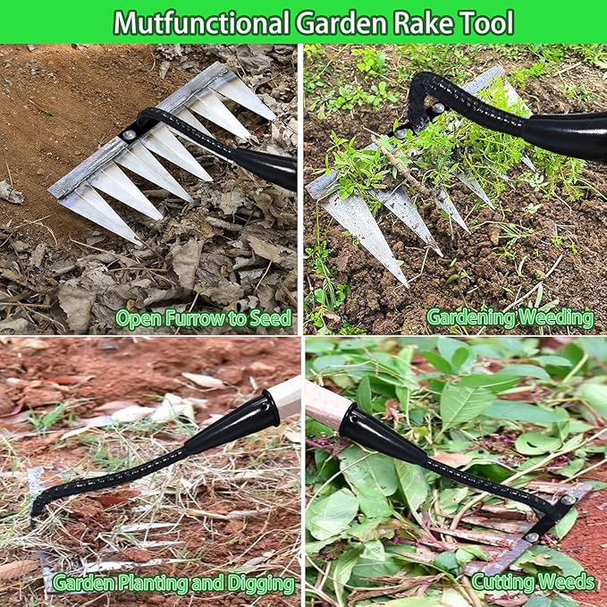 2Pcs Iron Rake for Weeding, Garden Metal Rake Heavy Duty with 5 Tines, Garden Weeding Rake Tools, Sharp Gardening Weed Rake Tool, Hand Rake Weeder Tool Weed Puller for Backyard Farm Planting Weeding