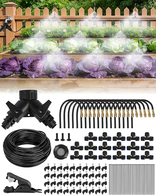 120FT Drip Irrigation System for Garden with 18 Nozzles –360° Adjustable Misting Nozzles, Quick-Connect Design, Ideal for Raised Beds, Lawns, Greenhouses & Outdoor Cooling