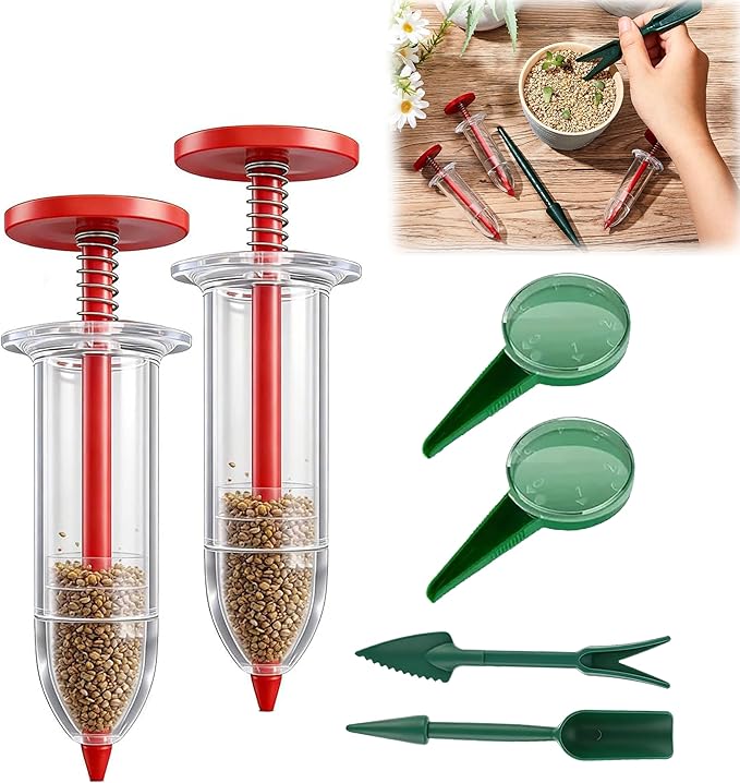 Mini Seed Spreader, 2026 Upgraded Seed Sower Tool Manual Seedlings Dibber and Widger Set, Mini Seed Dispenser for Tiny Seeds (1 Set Red)