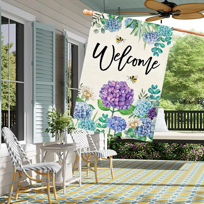 Baccessor Spring Summer Hydrangea House Flag Double Sided 28x40 Inch, Blue Purple Flower Floral Welcome Garden Flag Burlap Vertical Seasonal Farmhouse Yard Outdoor Decoration (Large)