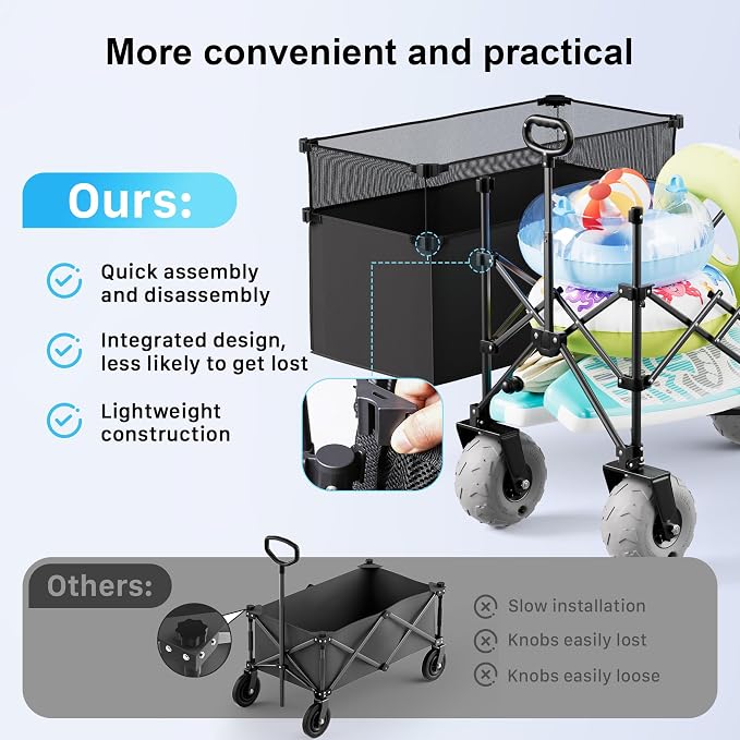 Beach Wagon with Big Wheels for Sand, 450LBS Heavy Duty Foldable Collapsible Wagons Carts with 9" All Terrain Inflatable Tires, Adjustable Capacity 200L–380L for Groceries, Camping, Sports