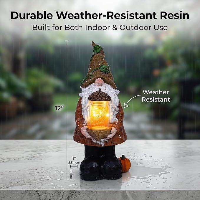 Topadorn Lighted Fall Gnome with Acorn Jar LED Figurine – Resin Harvest Gnome Statue, Thanksgiving Autumn Table Decor for Home, Patio & Tiered Tray