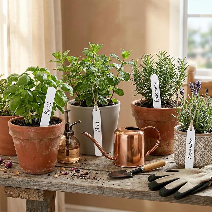 Whaline 200Pcs Thick Plastic Plant Labels with Hole White Waterproof Garden Stake Tag Marker Signs for Greenhouse Garden Seedlings Flowers Spotted Plants with 2 Marker Pen and Twine (12.5 CM)
