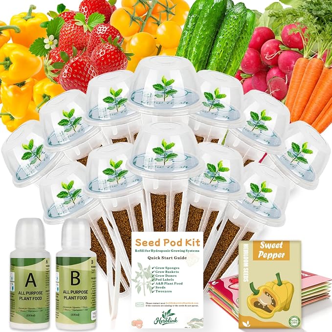 Fruit Seed Pods Kit Hydroponic -12 Refill Grow Pods with 6-Packet Seeds of Mini Cucumber/Bell Pepper/Carrot, Strawberry, Cherry Tomato & Radish, Compatible with All Hydroponics Growing Systems