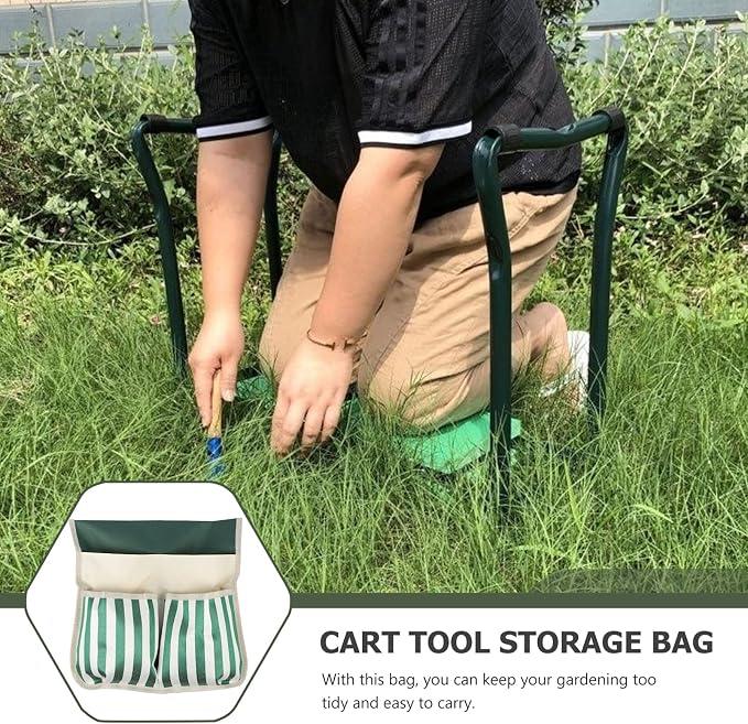 DOITOOL Garden Kneeler Tool Bag Foldable Portable Oxford Cloth Gardening Tool Storage Organizer, Multi- Pockets Gardening Hand Tool Pouch (White and Green Striped)