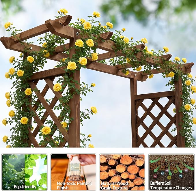 VINGLI 45 in Raised Garden Bed with Trellis & Hanging Roof, Wooden Elevated Planter Box with Drainage Holes for Outdoor Climbing Plants Vegetables Flowers, Patio Yard Balcony (Carbonized Wood, Medium)