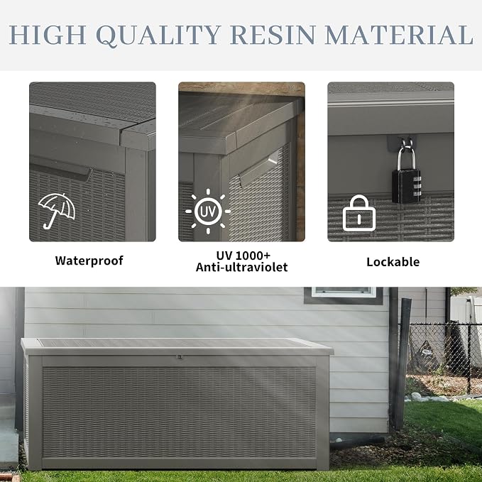 Outdoor Storage Box, 320 Gallon Resin Deck Boxes Outdoor Waterproof For Patio Furniture, Garden Tools, Pool Supplies, Lockable And UV Resistant (Rattan Gray)