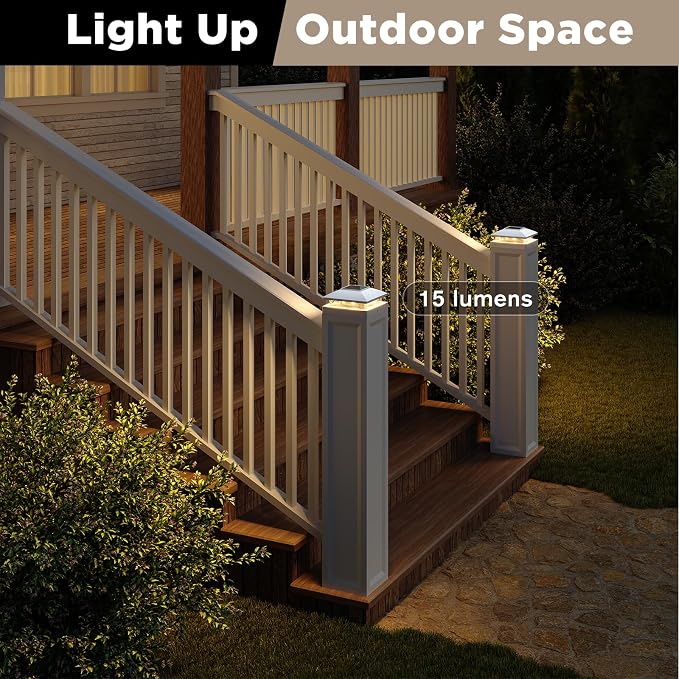 Solar Post Cap Lights Outdoor 6pack, White Waterproof Solar Powered Deck Fence Post Lights Fit 4x4 Wood/Vinyl Posts, Bright Warm White Solar Post Lights Decorate Deck, Patio, Porch, Fence