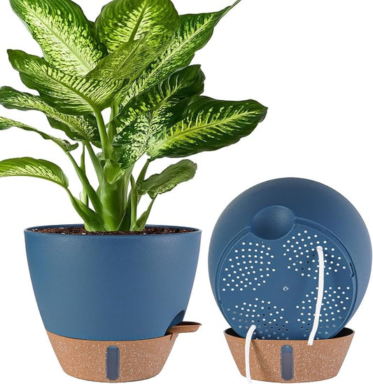 2 Pack 10 inch Plant Pots, Plastic Self Watering Planters with Drainage Holes, Deep Reservoir, Water Level Indicator, Modern Decorative Flower Pots for Indoor Outdoor Plants (Navy Blue, 10 inch)