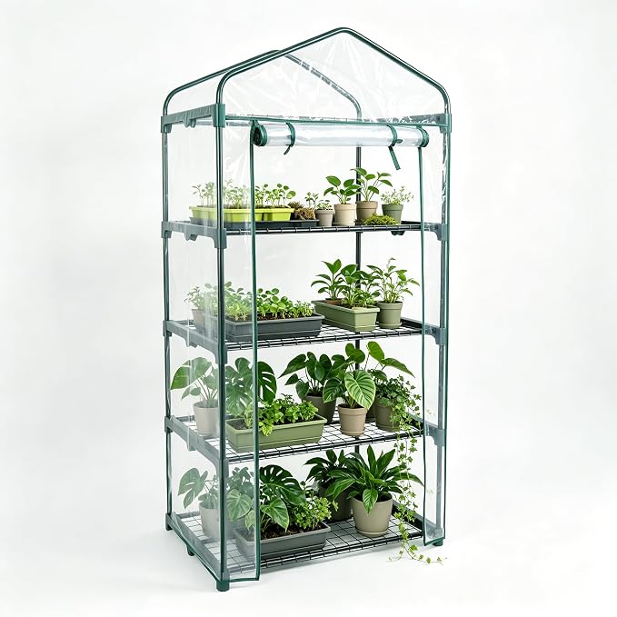 KOL 27x19x63 in PVC Cover 4-Tier Mini Greenhouse, Indoor Outdoor | Portable seed starter plant stand, winter orchid frost protection, for apartment balcony patio