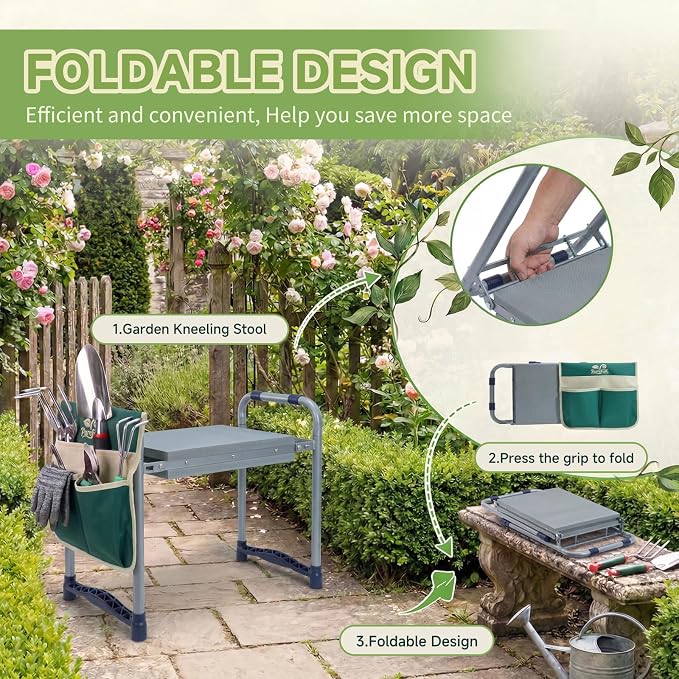 2-in-1 Garden Kneeler and WorkSeats Heavy Duty, Foldable Garden Bench with Wider & Thicker EVA Pad, Portable Gardening Stool with Exclusive Tool Handbag & Color Box, Garden Gifts for Senior