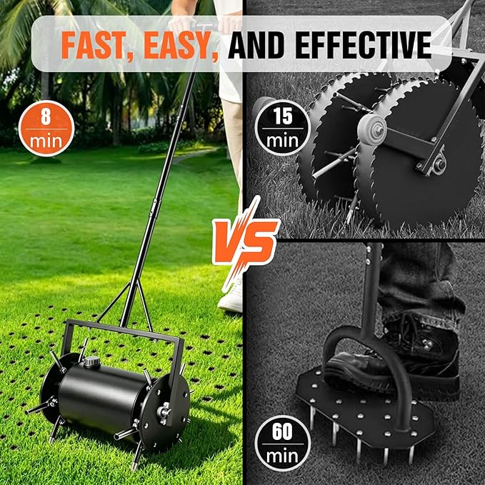 Double-Row Rolling Lawn Aerator, Manual Yard core-Removing Tool,Hollow Tine Lawn Aerator,Push-Type Rolling Rotary Aerator for compacted Garden Soil.
