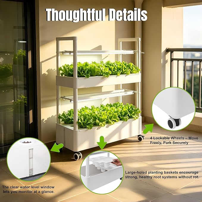 2-Tier 28-Hole Hydroponics Growing System with LED Grow Lights, 5.28Gal Indoor Hydroponic Grow Kit with Automatic Water Circulation, 4 Wheels for Vegetables, Herbs, Lettuce, White