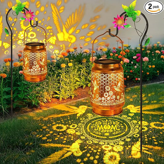 2 Pack Hummingbird Solar Lanterns Outdoor Garden Decor, Birthday Gifts for Women Mom, Hanging Metal Solar Lights Waterproof LED Decoration with Shepherd Hook Outside for Yard Patio Lawn Porch