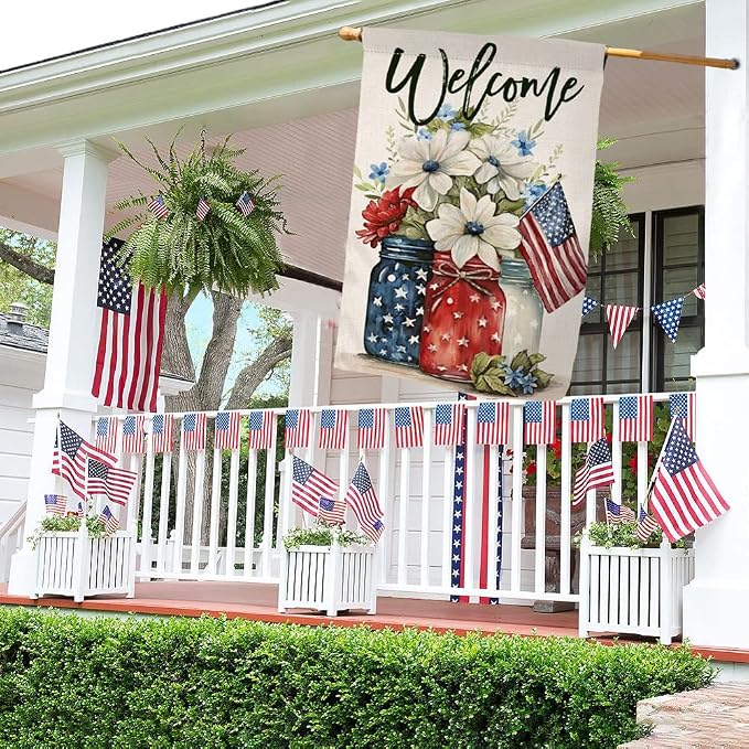 4th of July Floral House Flag 28 x 40 Vertical Double Sided Patriotic Mason Jar Flowers Red Blue Memorial Day Independence Day Holiday Outside Decorations Burlap Yard Flag BW321-40