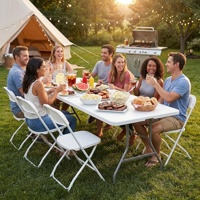 Sweetcrispy 8 FT Folding Picnic Table Easy to Fold and Store, Foldable Table for Camping Picnic Dining Party Kitchen Outdoor Indoor with Carrying Handle