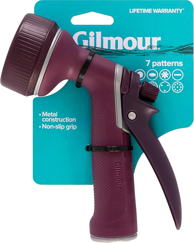 Gilmour Medium Duty Garden Hose Nozzle with 7 Adjustable Spray Patterns, Water Hose Nozzle for Watering Garden or Lawn, Eggplant