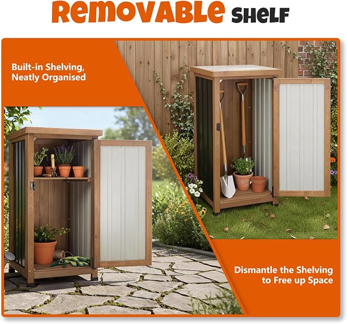 Outdoor Storage Cabinet Waterproof with Metal Top, Multi-Purpose Wood & Metal Potting Bench Tool Organizer with Adjustable Shelf, Garden Storage Box for Patio Backyard