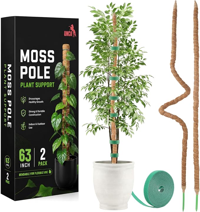 UNCO- Bendable Moss Pole Monstera Plant Support, 63 Inch, 2 Pack, 10 Feet Plant Ties, Moss Poles for Climbing Plants and Monstera Trellis