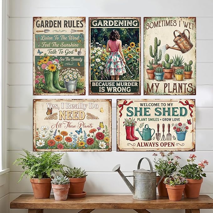 Rngmsi Metal Garden Signs for Outside, 5PCS Funny Vintage Garden Decor Decorative Outdoor Yard, Gardening Housewarming Gifts Decorations for Women and Plant Lovers