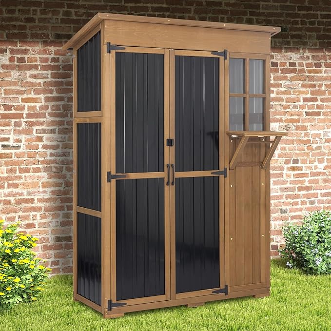 Large Outdoor Storage Cabinet Waterproof with Shelves, Outside Storage Shed Tall Backyard Cabinet with Fold-Out Table for Patio, Garage, Garden, Pool Accessories Storage, Black, 70.5"H x 51"L