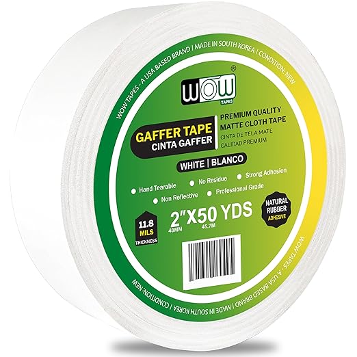 Wow Gaffers Tape 2 Inch White - 50 Yards, Residue Free, Non-Reflective & Heavy-Duty - Professional Grade Gaff Tape - Ideal for Photography Backdrop, Cables, Cords & Floor Taping