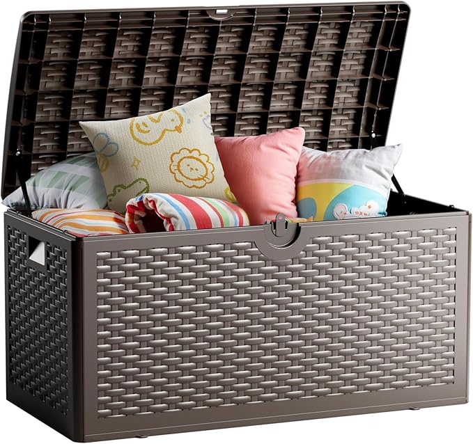 90 Gallon Deck Box, Lockable & Waterproof Resin, UV Resistant Storage Box for Patio, Garden, Pool, Brown