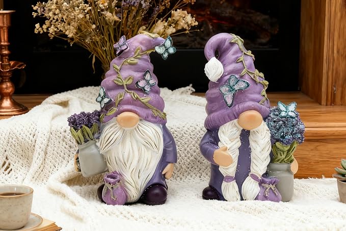 Hodao 2Pcs Purple Lavender Butterfly Gnome Figurine Set for Yard, Lawn, Patio, Porch - Weatherproof Resin Garden Decoration - Outdoor Decor & Unique Gnome Gift for Women