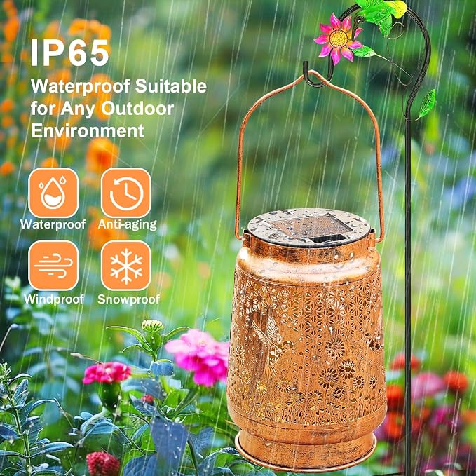 2 Pack Hummingbird Solar Lanterns Outdoor Garden Decor, Birthday Gifts for Women Mom, Hanging Metal Solar Lights Waterproof LED Decoration with Shepherd Hook Outside for Yard Patio Lawn Porch