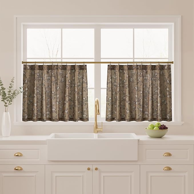 StangH Vintage Pinch Pleat Cafe Curtains Luxury Floral Butterfly Natural Linen Fabric Tier Curtains for Kitchen/Bathroom, Light Filtering Privacy Farmhouse Short Valance, W26 x L18, Khaki, 2 Panels