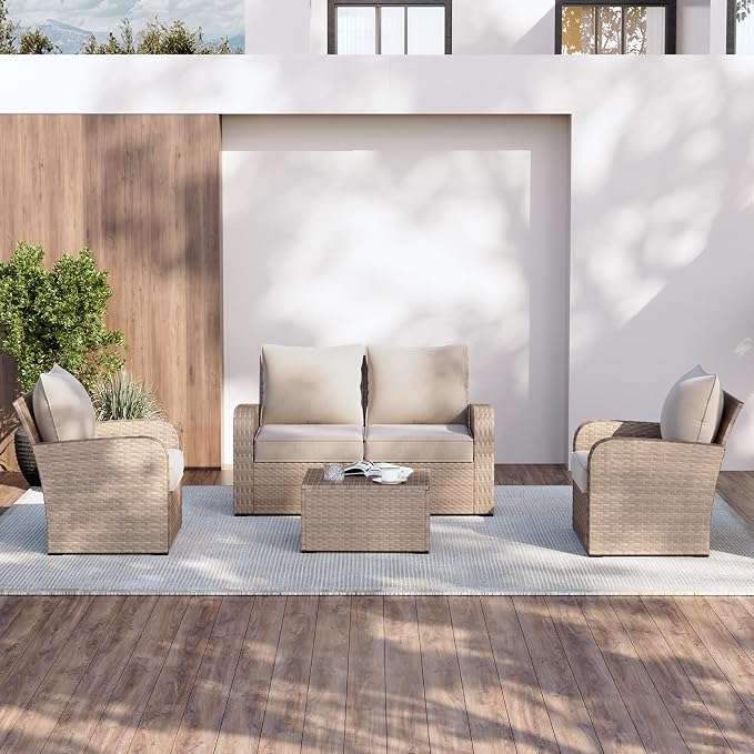 Aoxun Replacement Cushions for Outdoor Furniture, 4-Piece Outdoor Cushions for Patio Furniture, Deep Seat, Waterproof & Fade Resistant Couch Cushion for 4-Seat Patio Conversation Sets, Beige