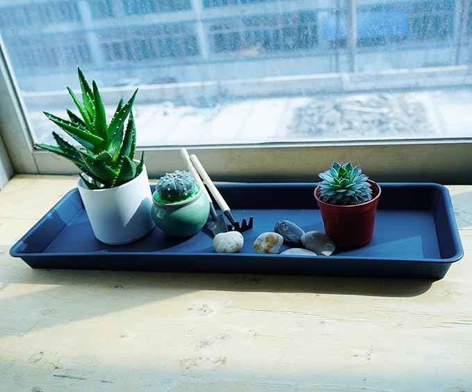 VUWEZ 2 Pack of Plastic Plant Tray Saucer Rectangular 17 18 inch, Planter Trays Saucers for Indoors Outdoor, Plant Water Drip Tray for Flower Pot Planter, Windowsill Plants Trays (7.8 X 17.5'', Blue)