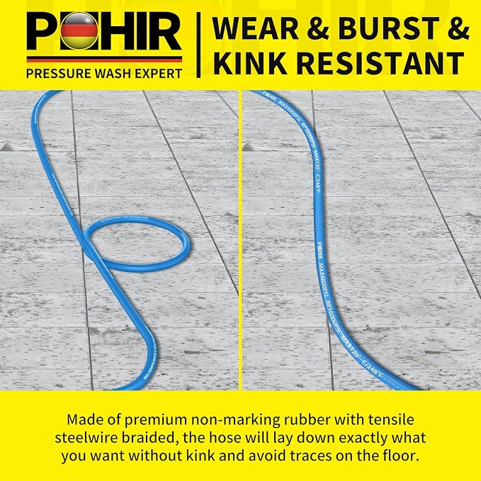 POHIR 25ft Pressure Washer Hose 3/8" 4800 PSI, No Marking Kink Free Hose with Quick Connect Ends and Adapters for Hot & Cold Water up to 248°F, Steel Wire Braided Hose for Power Washing