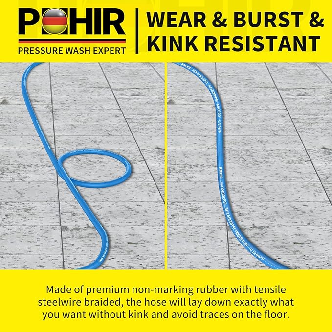 POHIR 100ft Pressure Washer Hose 3/8" 4800 PSI, Kink Resistant Industrial Grade Hose with Quick Connect Ends and Adapters for Hot & Cold Water up to 248°F, Steel Wire Braided Hose for Power Washing